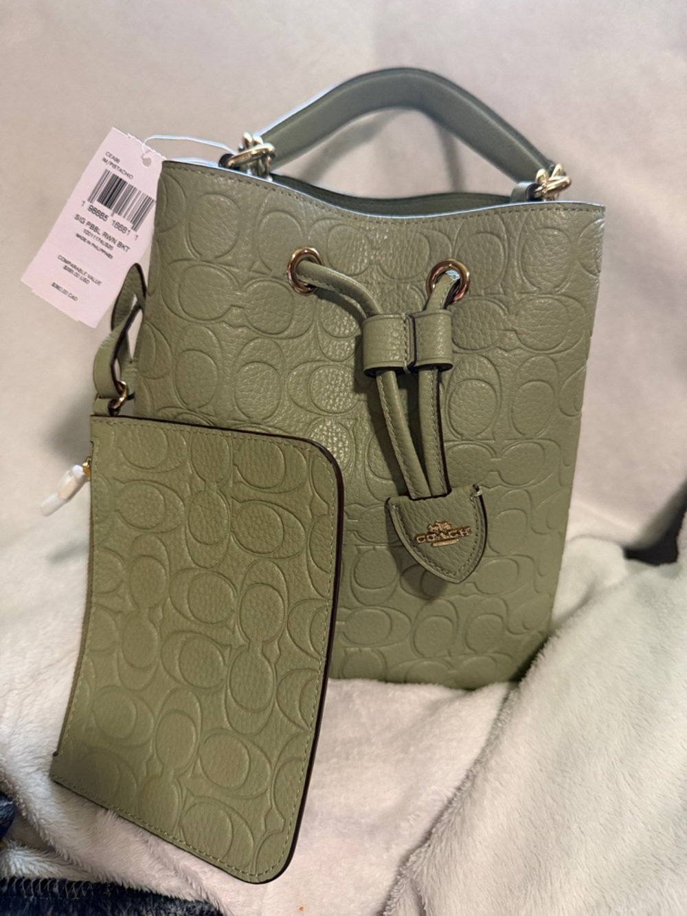Coach Pistachio Green  Signature Embossed Drawstring Rowan Bucket Bag with Pouch